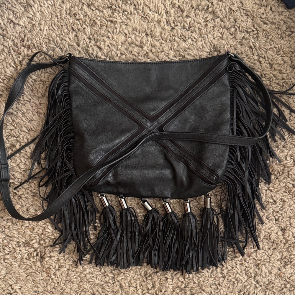 Madden Girl Fringe Black Faux Leather Crossbody Bag